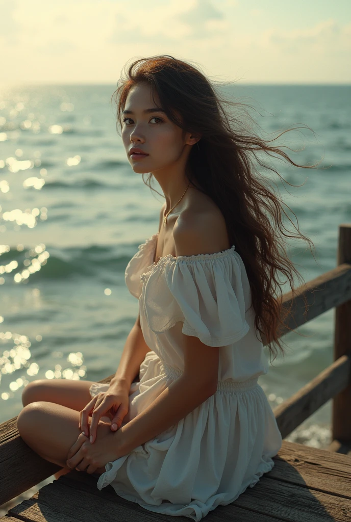 A beautiful girl seating near the sea