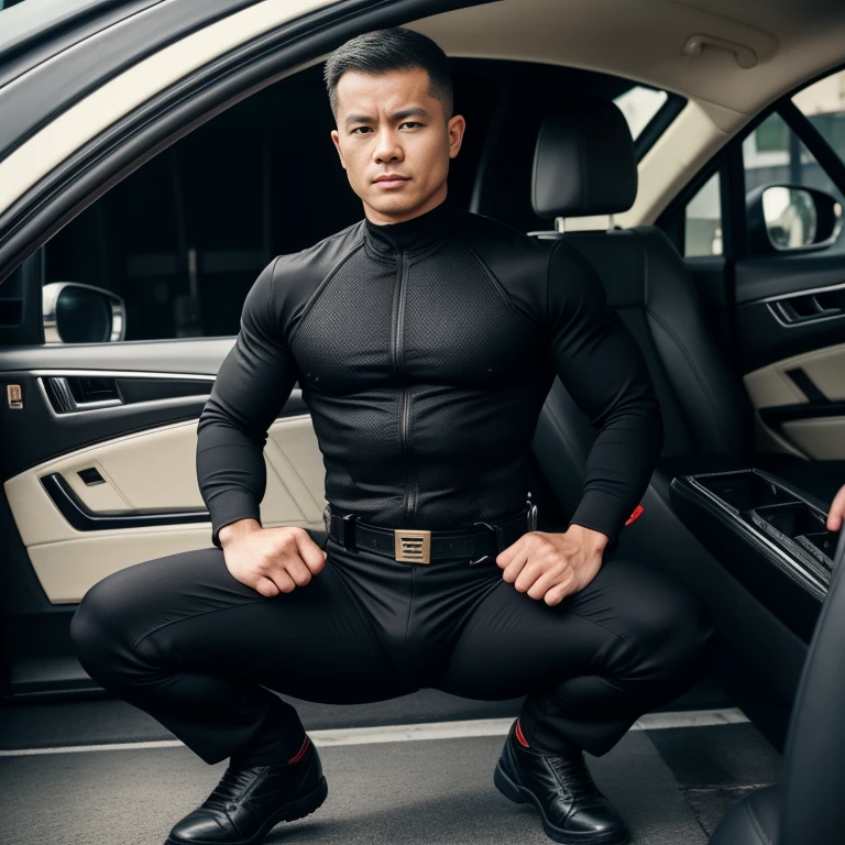 30 years old,One Man,Black bodysuit、Shocker Belt、Combatant、With a handgun on his hip、Inside the car、Squat with your legs apart、,,logic,Gay ,Very short hair、 ,Asian Faces,、The crotch area of my trousers is swollen Handsome