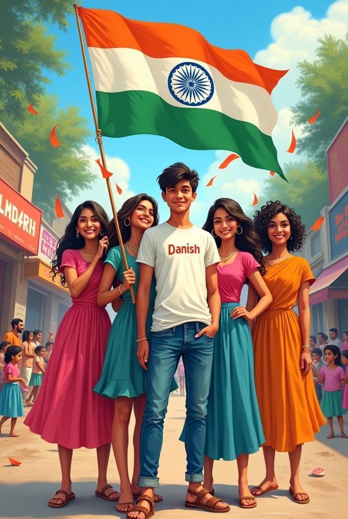 Illustration of an 18-year-old Indian boy standing next to a hot girls , holding the Indian flag high. The background features a colorful Indian street filled with children running with flags, vendors selling sweets, and a group of men chatting at a tea shop. The boy is wearing jeans and a white t-shirt with ‘DANISH’ on it, and the text ‘India First’ is written in 3D at the top.