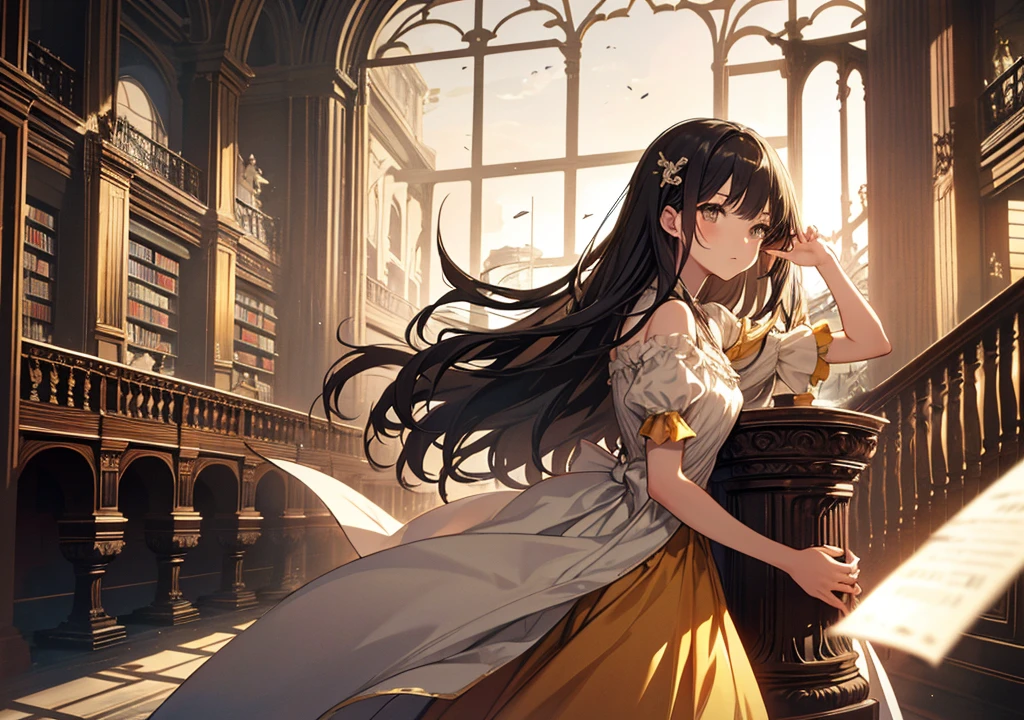 Realistic photos, Focus distance 10mm, Red and white, Beautiful girl, Realistic photos, Shooting at focus distance 10mm, masterpiece, 最high quality, high quality, Very detailed CG 8k wallpaper unit, Award-winning photography, Depth of written boundary, High resolution, bloom, chromatic aberration, Realistic, Very detailed, Art Station Trends, CGsociety Trends, Complex, High detail, dramatic, Art on the go, volumetric lighting, A beautiful girl in the style of Belle is meditating in a large library. She is wearing a yellow dress and is surrounded by bookshelves, gazing calmly ahead, profile, meditation
