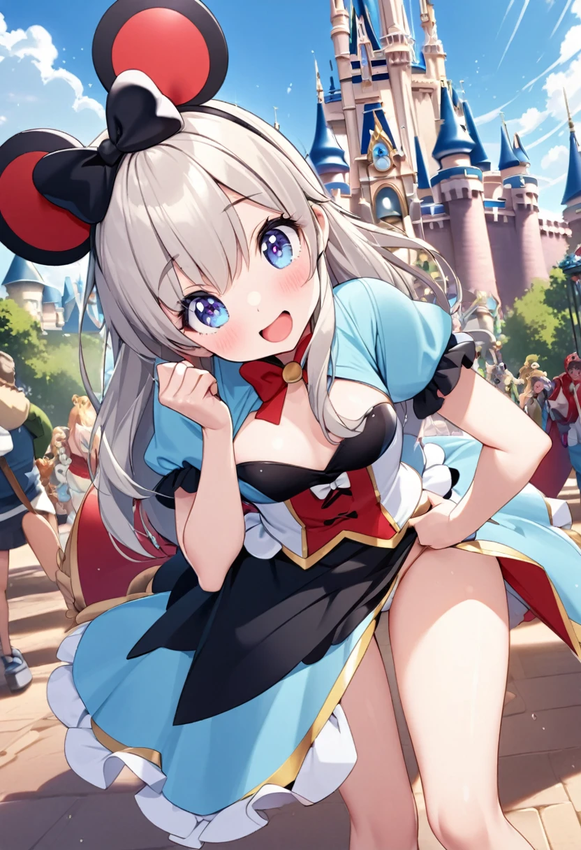 A cute woman (age 25, sexy Disney outfit), wandering around Disney Land, playful poses. Fond of turning her butt to viewer. daytime