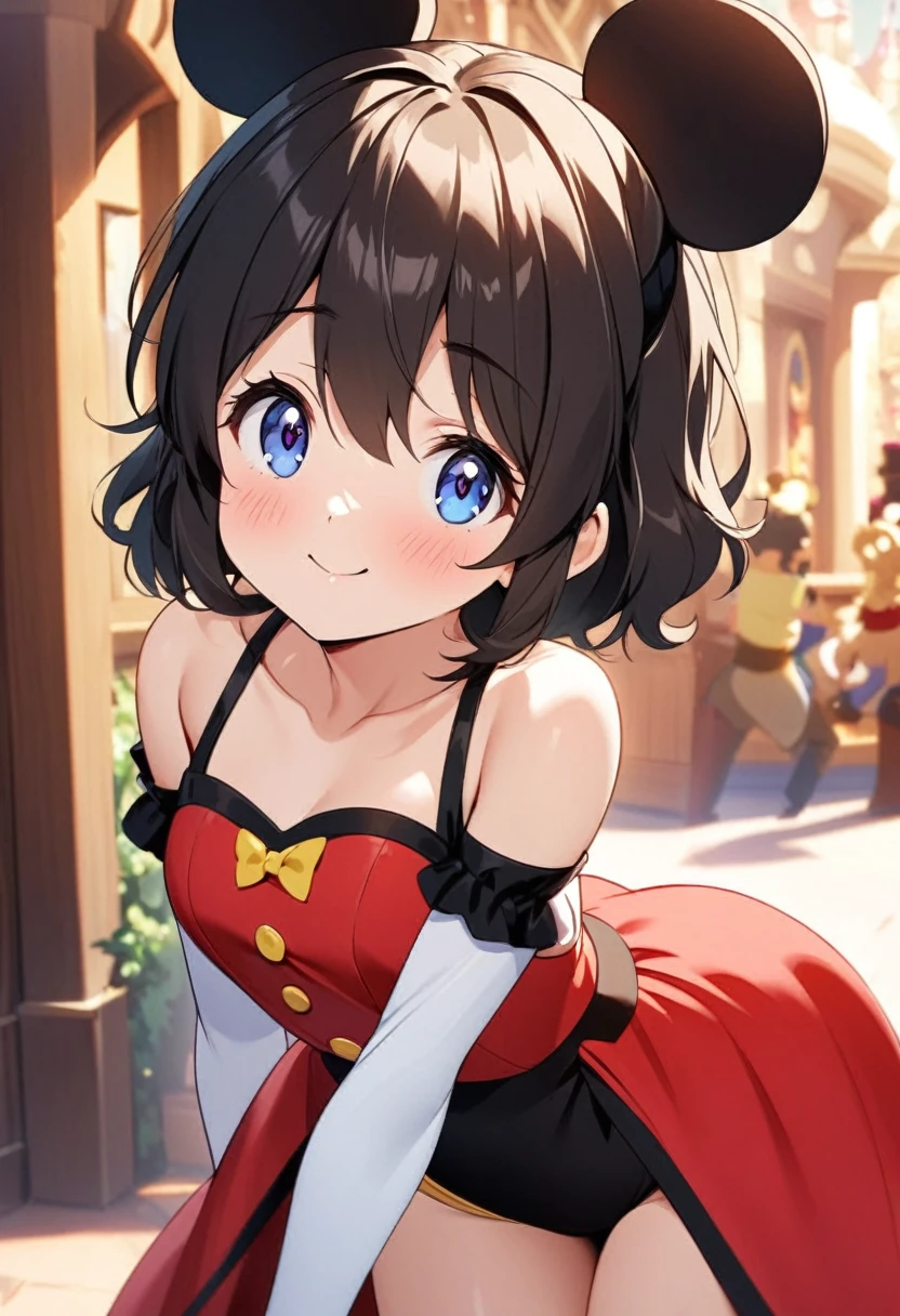 A cute woman (age 25, sexy Disney outfit), wandering around Disney Land, playful poses. Fond of turning her butt to viewer. daytime