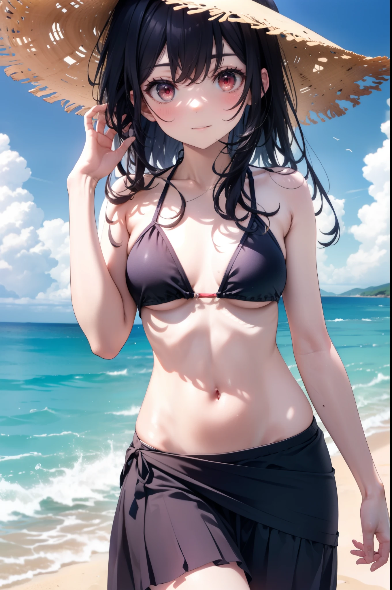 For profit, Next to Kasumigaoka, Black Hair, Long Hair, (Red eyes:1.5),
smile,blush,Open your mouth,Straw hat,Black string bikini swimsuit,Pareo Swimsuit,Belly on,abdomen,A thin long skirt is wrapped around her waist,barefoot,Sandy Beachを散歩している,Daytime,True Summer,Clear skies,whole bodyがイラストに入るように,
break looking at viewer,whole body,
break outdoors, Sandy Beach,Beach,
break (masterpiece:1.2), Highest quality, High resolution, unity 8k wallpaper, (figure:0.8), (Beautiful attention to detail:1.6), Highly detailed face, Perfect lighting, Highly detailed CG, (Perfect hands, Perfect Anatomy),