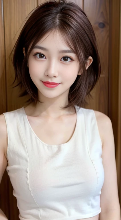blush a little and smile, (Top quality masterpiece:1.2) Delicate illustrations, Very detailed, /Beautiful Japanese Women、1 person,Very cute and slim、Great style 、((8k images、super high quality))、Very delicate face, Skin and Hair、Big Breasts、beautifule forehead、Red lipstick、(((((short hair、Light brown hair、Lure))))),Very cute Japanese cut face、Eyes and nose are clearly visible、Kind eyes,((((White sleeveless fashion))))