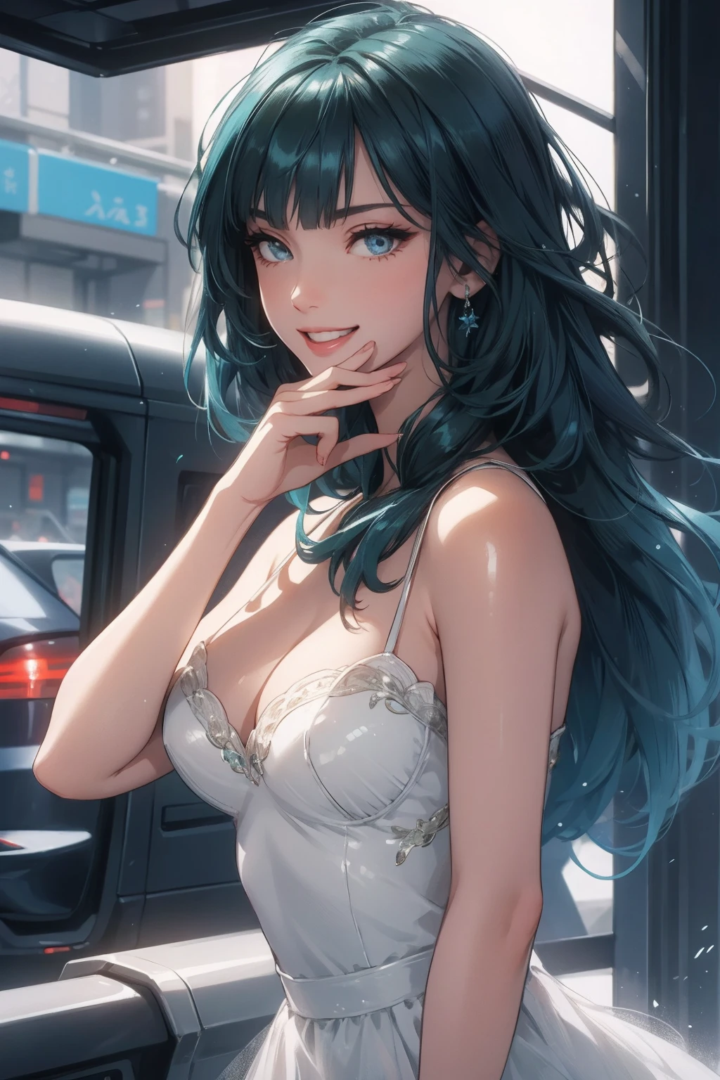 1girl,a beautiful fashion model ,(masterpiece, detailed background, best quality),short and shiny hair, blue green hair, hair with highlights, bangs, smirk,juicy lips,red lips, calmart, lingerie, stripping, elegant makeup, blue eyes, full body shot, (shiny skin), cyberpunk, sci fi, boa, extravagant jewelry, cocky expression, covered in jewelry, fancy, white dress, (((laughing, hand covering mouth, smug, discrete laughter)))