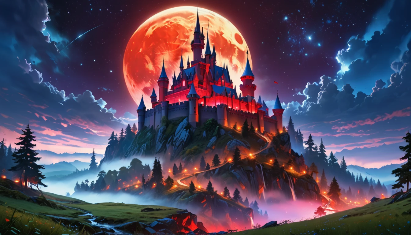 a picture of mist covered fantasy castle at night, half covered by the ((mist: 1,5)), mist ((covers half the castle: 1.4)),  a dark fantasy castle, (goth castle: 1.4), with towers and (red light : 1.4) coming out of the windows, the castle sits on a hill with few trees, the ((mist covers the ground and some of the castle)), it is night time, the blue moon is full, dynamic color moon, some stars, dark fantasy forest,  (best details, Masterpiece, best quality :1.5), ultra best realistic pictures , best details, best quality, 16k, [ultra detailed], masterpiece, best quality, (extremely detailed), ultra wide shot, photorealism, depth of field,