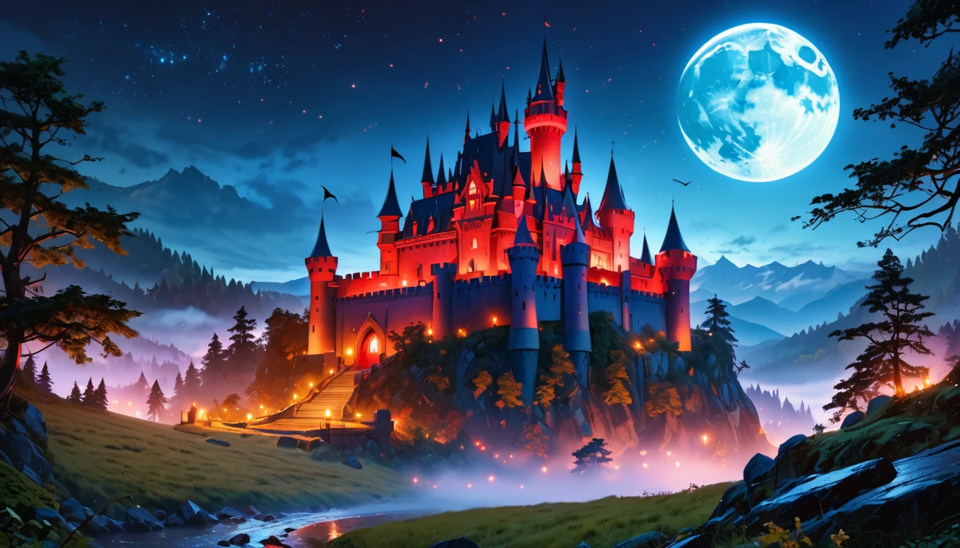 a picture of mist covered fantasy castle at night, half covered by the ((mist: 1,5)), mist ((covers half the castle: 1.4)),  a dark fantasy castle, (goth castle: 1.4), with towers and (red light : 1.4) coming out of the windows, the castle sits on a hill with few trees, the ((mist covers the ground and some of the castle)), it is night time, the blue moon is full, dynamic color moon, some stars, dark fantasy forest,  (best details, Masterpiece, best quality :1.5), ultra best realistic pictures , best details, best quality, 16k, [ultra detailed], masterpiece, best quality, (extremely detailed), ultra wide shot, photorealism, depth of field,