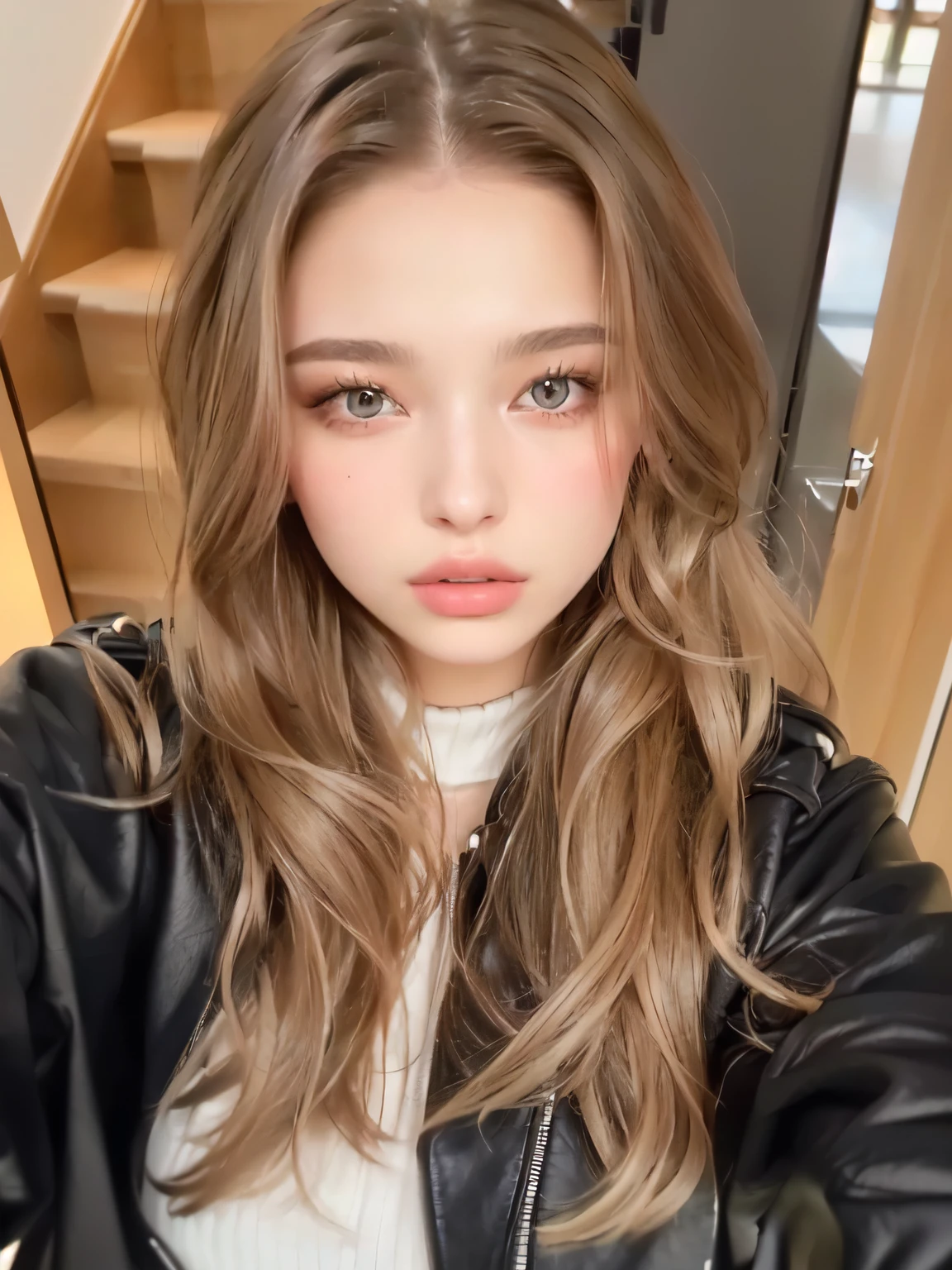 a close up of a woman with long hair wearing a leather jacket, portrait sophie mudd, gorgeous young model, perfect face ), 1 8 yo, looking straight to camera, extremely beautiful face, instagram model, without makeup, 18 years old, 2 4 year old female model, she is facing the camera, dasha taran, anna nikonova aka newmilky