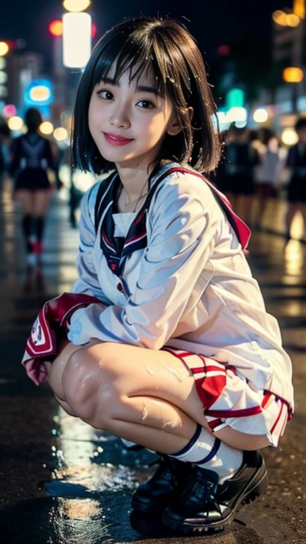 (A youthful gorgeous Japanese idol, wearing a wet (Seifuku:1.2), Wet (Serafuku1:2), school uniform, sailor moon, jk uniform, high-school uniform, pleated mini-skirt, red ribbon, red bowtie, sailor hat, knee-high socks, BTTF_Sneakers, Tokyo Shibuya, Scramble Crossing, city street, night sky, squatting, or sitting with legs closed,
(RAW shooting),(Vibrant color saturation),1 girl,20-year-old,flat bangs、smiling、Blurred background,lace dress、night view、light up、Princess-like, sexy, big breasts,
Easygoing expressions, kind smile, dimpled cheek, cute snaggle-tooth, short bob hair, double ponytail, symmetrical face, realistic detailed face, beautiful eyes, beautiful detailed eyes, long legs, perfect body proportions, hourglass figure, ample round bosoms, hig breasts,
Raw photo, photorealistic, realistic portrait, hyper-realism, high contrast, ultra HD, UHD, realistic skin textures, top image quality, top-quality, super high resolution, fine details, very meticulously, masterpiece, vivid colours, medium shot, close-up shot, cowboy shot, High Angle Shot, Professional Lighting, bokeh_background, SFW, Safe For Work)