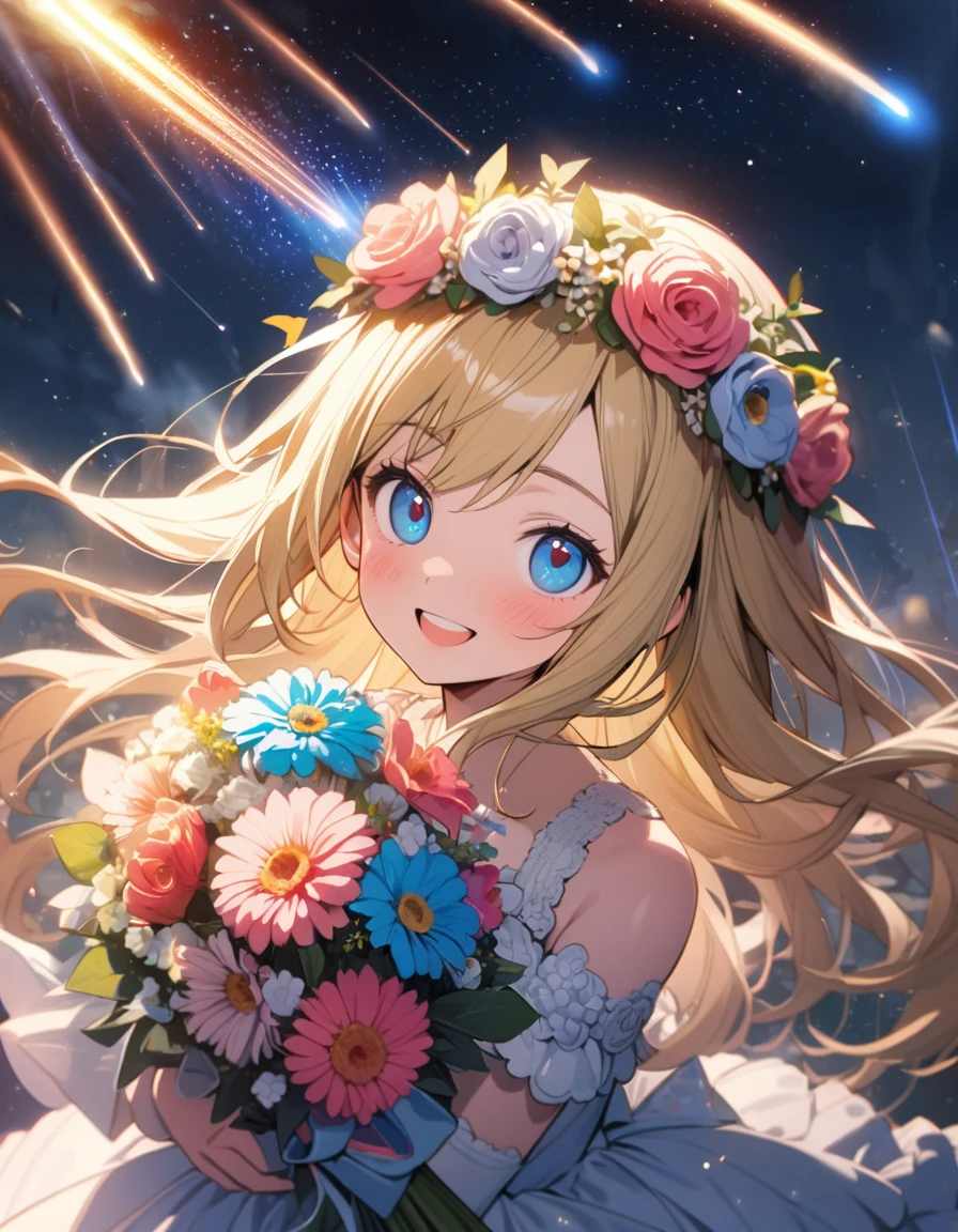 1 idol,solo,17yo,holding a bouquet,amazing quality, aesthetic, aesthetic,ultra-detailed face,detailed eyes,round eyes,blue eyes,blonde hair,long hair,gerbera decoration bareback wedding dress,Gerbera flower crown,smile,Gerbera garden,(Meteor shower,heart effect:1.3),Gerbera garden,highly detailed illustration,masterpiece,8K,top quality