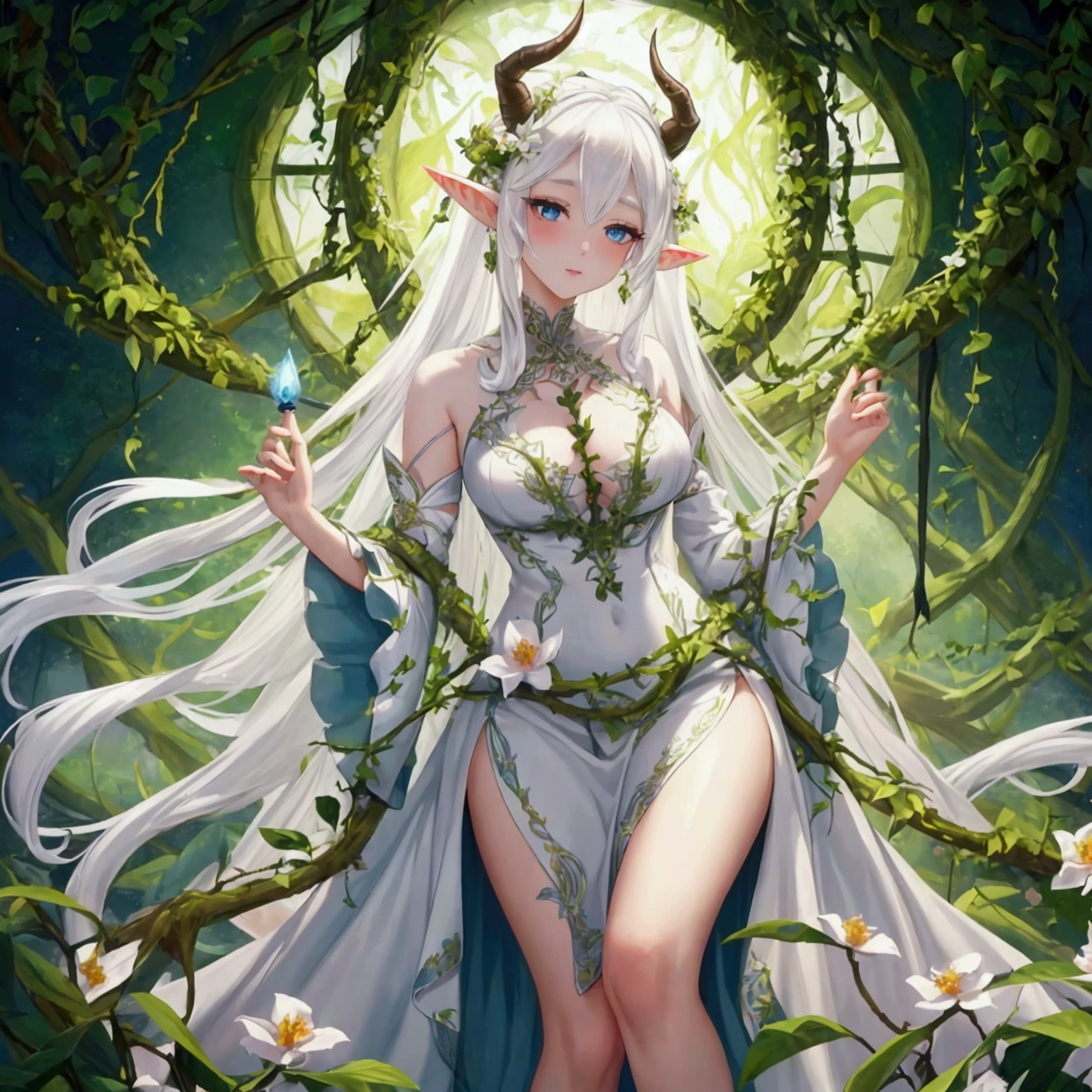 White hair, ฺฺBeautiful Lady, Elf, Have big two horn that covered with vines and flowers, Fantacy Evening dress that looks like a Nymph, face turned sideways