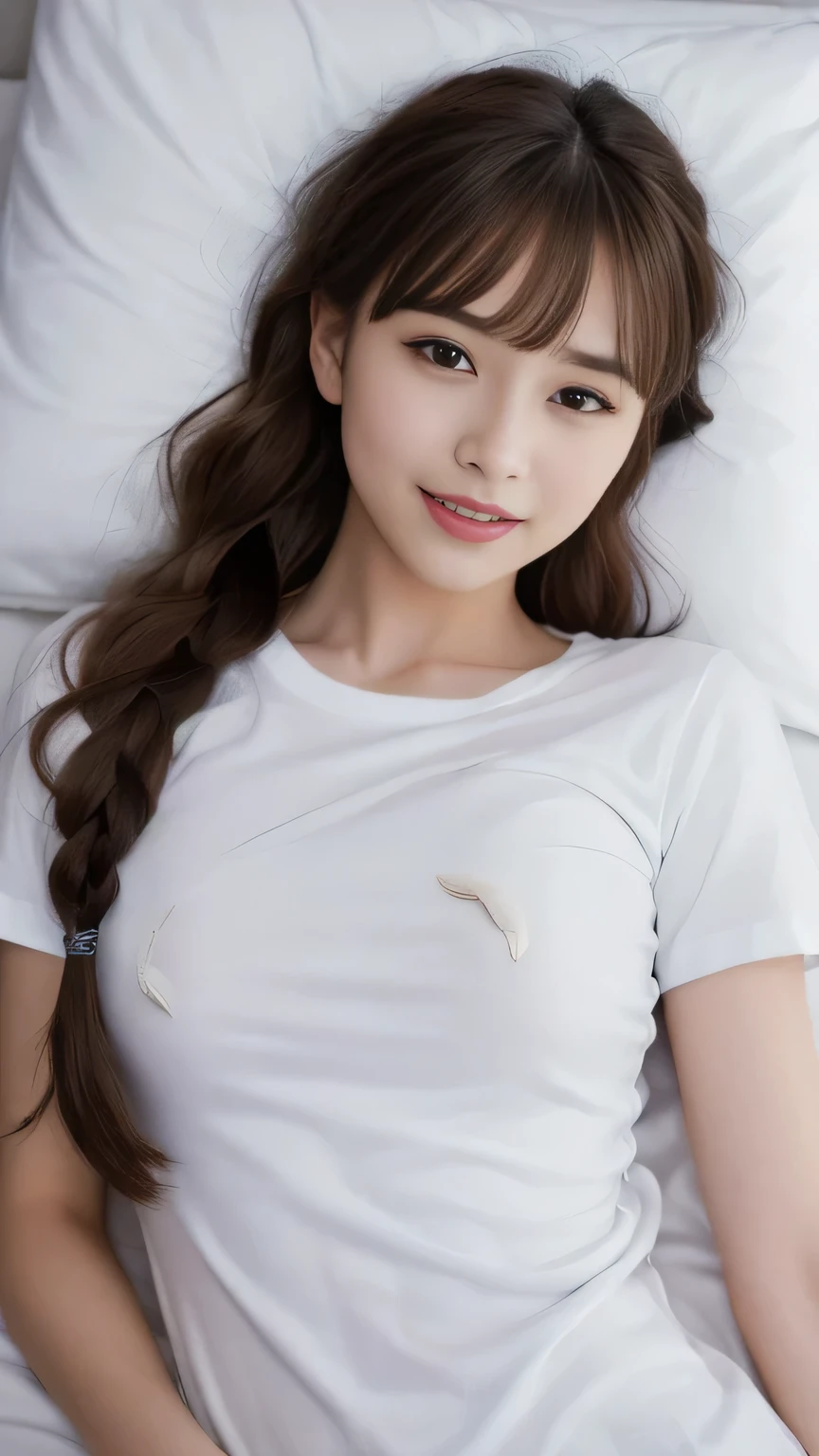 (The beauty of a woman making love in bed:1.6)、More skin, look, Brown eyes, (Light brown bangs:1.2),Braided hair、Long-haired person、(Realistic:1.4), Shadow、(Best image quality:1.0), (Ultra-high resolution:1.0), 8k, RAW Photos, (masterpiece), (Dealing with Children),(Two women challenging the golden ratio:1.5)、Thin eyebrows、Fine ears、Detailed nose、Mouth Details、break,(White T-shirt:1.5), break HA、(Big Breasts), Adjusted chest, smile, Bright lighting, Sexy pose、(Right in front of you:1.5)、(Many small white feathers flying in the sky:1.4)