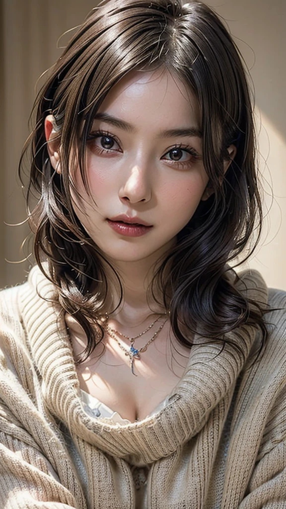 ((Beautiful Face:1.4)), (Purelos Face_v1: 1.0), (Highest quality, 8k, 32K, masterpiece, Ultra-high resolution:1.2),Beautiful Japanese Women Photos, Large Breasts, Very short bob hair,Upper Body,(Extra Large_sweater,:1.1) necklace, Simple Background, Look around,