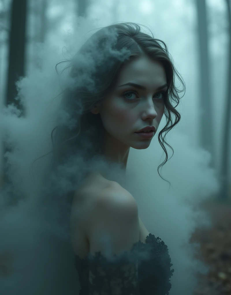 a beautiful woman with perfect and detailed eyes, beautiful detailed lips, extremely detailed eyes and face, long eyelashes, intricate facial features, Porcelain skin, elegant expression, Mysterious look, cinematic lighting, high quality 3d rendering, photorealistic, hyperdetailed, masterpiece, Digital art, Conceptual art,Generate a full body image of a sexy girl in underwear, with the body composed of a dense fog. The fog should be thick and detailed, forming the curves of the body in a mysterious and suggestive way. The face must be visible, but the rest of the body must appear ethereal and nebulous, merging with the environment in a soft and elegant way. The background must be a dark forest, with dark trees and an eerie atmosphere. The image must have a very deep depth of field, making the girl in the foreground stand out clearly against the blurry forest background