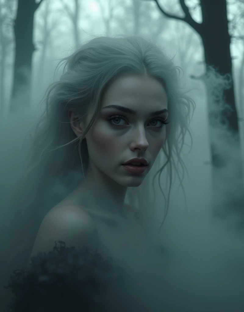 a beautiful woman with perfect and detailed eyes, beautiful detailed lips, extremely detailed eyes and face, long eyelashes, intricate facial features, Porcelain skin, elegant expression, Mysterious look, cinematic lighting, high quality 3d rendering, photorealistic, hyperdetailed, masterpiece, Digital art, Conceptual art,Generate a full body image of a sexy girl in underwear, with the body composed of a dense fog. The fog should be thick and detailed, forming the curves of the body in a mysterious and suggestive way. The face must be visible, but the rest of the body must appear ethereal and nebulous, merging with the environment in a soft and elegant way. The background must be a dark forest, with dark trees and an eerie atmosphere. The image must have a very deep depth of field, making the girl in the foreground stand out clearly against the blurry forest background