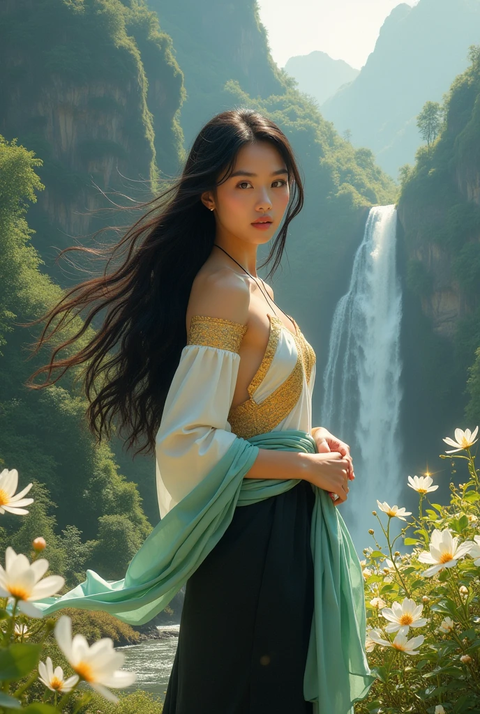 In the wind of flowers, a full-body picture of a beautiful young woman wearing a white and gold Dusit Thai dress and a black sarong, like the villagers, with a light green silk around her arm, with long black hair flowing down, sparkling light. Wang Badan Ananta Nakhon, mountains, jasmine flowers, waterfalls, beautiful, 3D picture, oil painting, sharp picture, art picture of Ajarn Chalermchai.