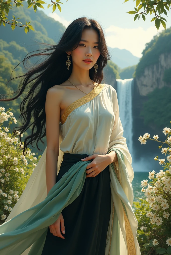 In the wind of flowers, a full-body picture of a beautiful young woman wearing a white and gold Dusit Thai dress and a black sarong, like the villagers, with a light green silk around her arm, with long black hair flowing down, sparkling light. Wang Badan Ananta Nakhon, mountains, jasmine flowers, waterfalls, beautiful, 3D picture, oil painting, sharp picture, art picture of Ajarn Chalermchai.