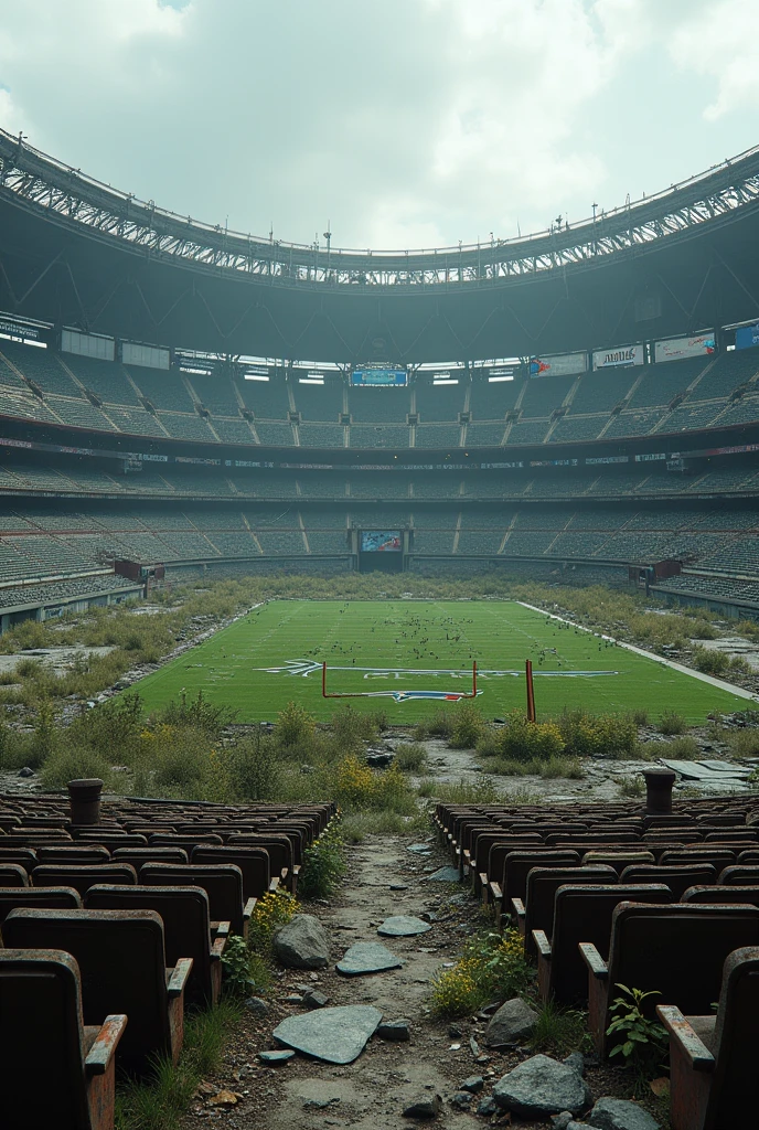 Panoramic view of a ruined Gillette Stadium