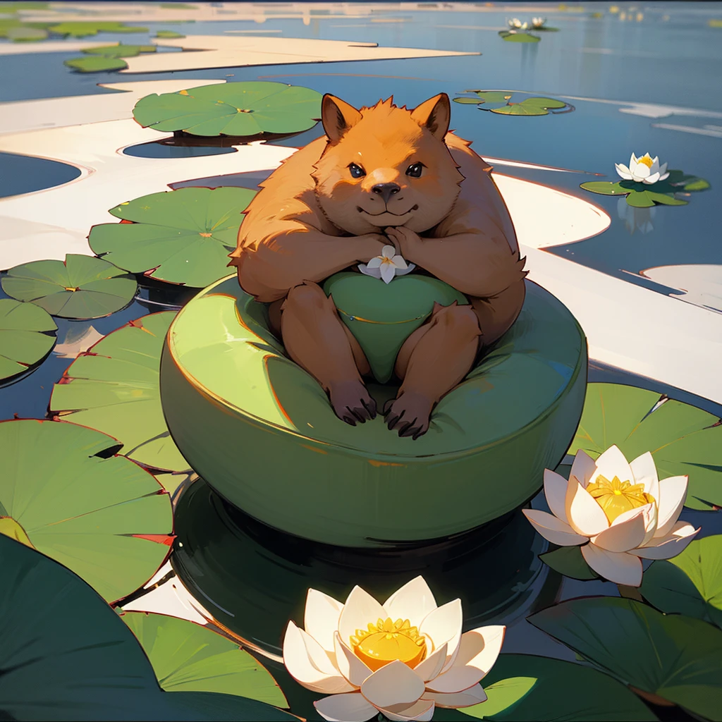 small cute chilly capybara face is mediating in the central of lotus lake, above a lotus, it looklike a budha, cross legged