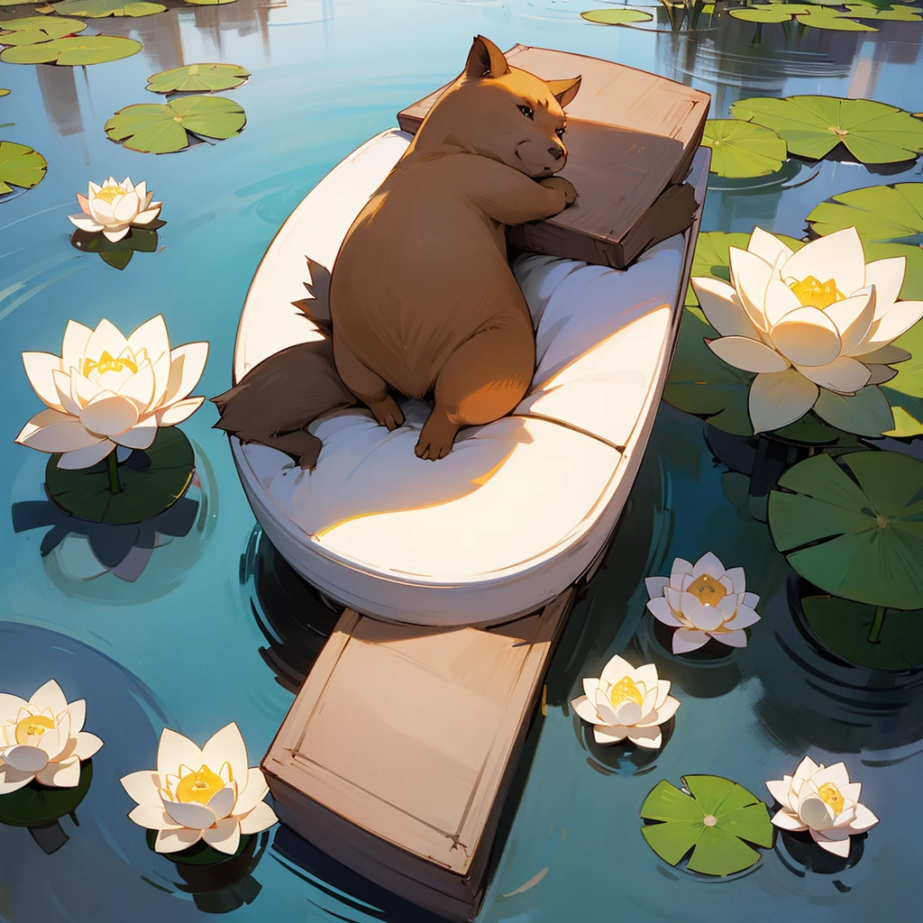 small cute chilly capybara face is mediating in the central of lotus lake, above a lotus, it looklike a budha, cross legged