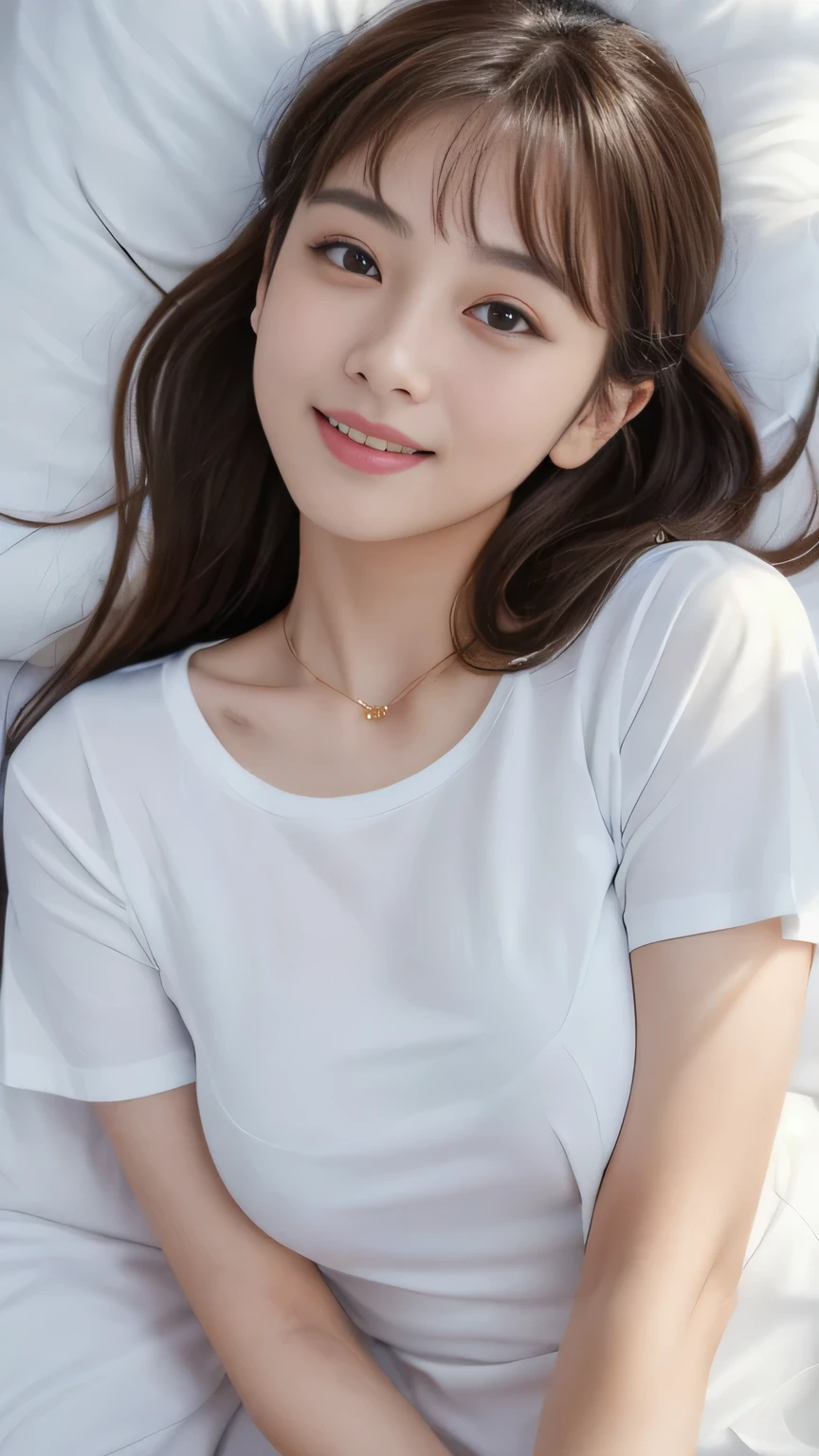 (The beauty of a woman making love in bed:1.6)、More skin, look, Brown eyes, (Light brown bangs:1.2),Braided hair、Long-haired person、(Realistic:1.4), Shadow、(Best image quality:1.0), (Ultra-high resolution:1.0), 8k, RAW Photos, (masterpiece), (Dealing with Children),(Two women challenging the golden ratio:1.5)、Thin eyebrows、Fine ears、Detailed nose、Mouth Details、break,(White T-shirt:1.5), break HA、(Big Breasts), Adjusted chest, smile, Bright lighting, Sexy pose、(Right in front of you:1.5)、(Many small white feathers flying in the sky:1.4)