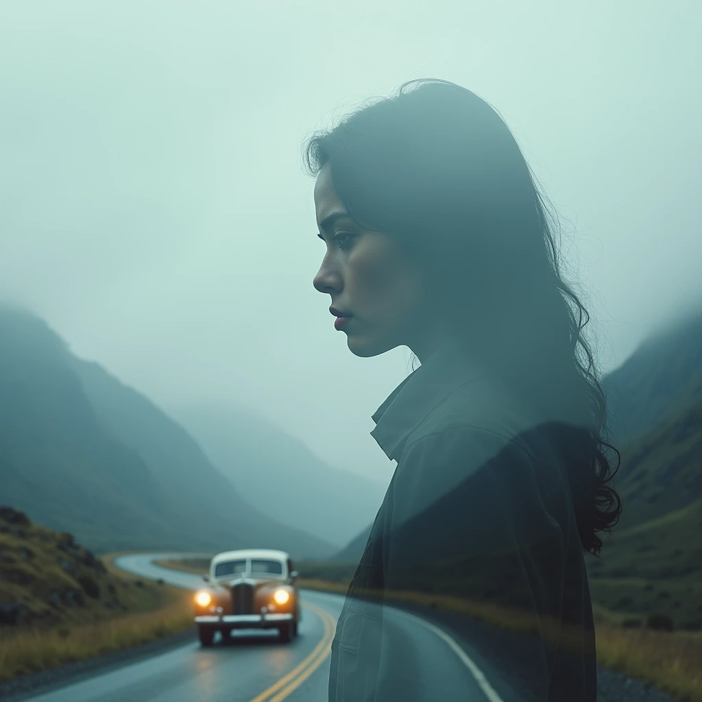 In the mountains in thick fog, a road, a median line, an old car, the weak light of headlights, double exposure of a sad woman profile,