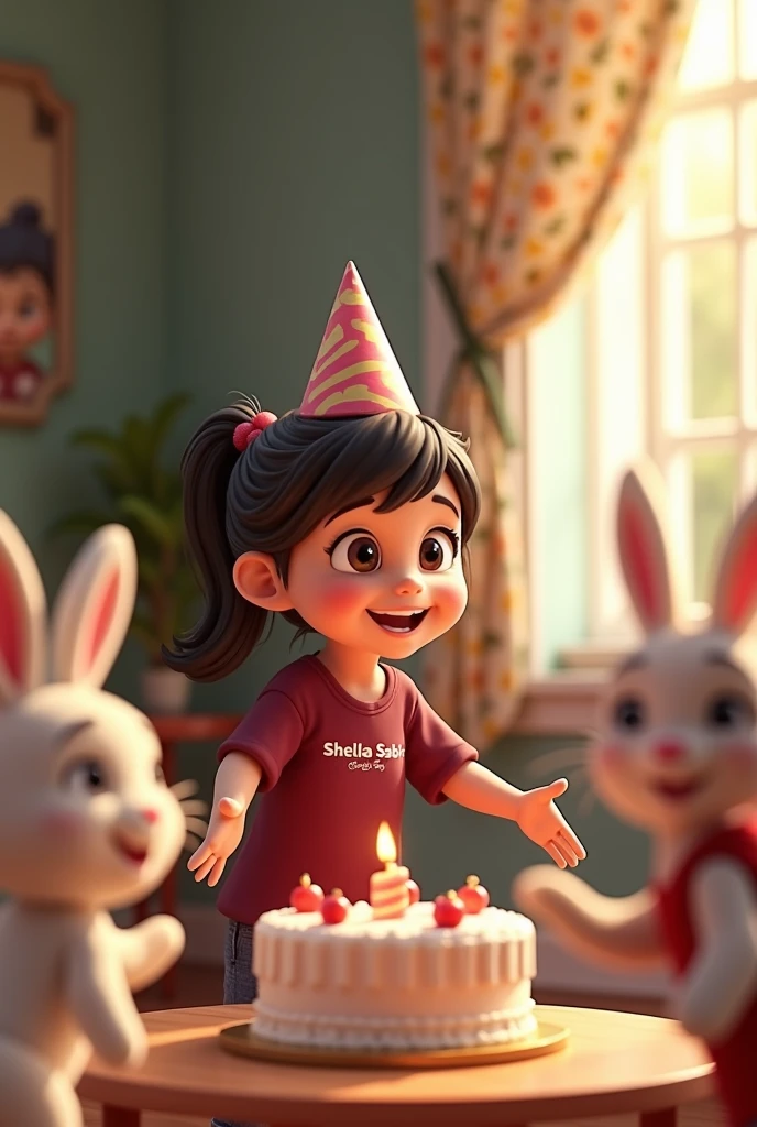 A  girl warring maroon shirt having " shehla SABIR * print on maroon shirt is happy and playing with rabbit and birthday cake in beautiful room with his baby  having name Arshuman