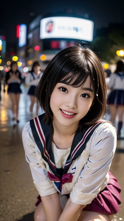 (A youthful gorgeous Japanese idol, wearing a wet (Seifuku:1.2), Wet (Serafuku1:2), school uniform, sailor moon, jk uniform, high-school uniform, pleated mini-skirt, red ribbon, red bowtie, sailor hat, knee-high socks, BTTF_Sneakers, Tokyo Shibuya, Scramble Crossing, city street, night sky, squatting, or sitting with legs closed,

(RAW shooting),(Vibrant color saturation),1 girl,20-year-old,flat bangs、smiling、Blurred background,lace dress、night view、light up、Princess-like, sexy, big breasts,

Easygoing expressions, kind smile, dimpled cheek, cute snaggle-tooth, short bob hair, double ponytail, symmetrical face, realistic detailed face, beautiful eyes, beautiful detailed eyes, long legs, perfect body proportions, hourglass figure, ample round bosoms, hig breasts,

Raw photo, photorealistic, realistic portrait, hyper-realism, high contrast, ultra HD, UHD,  realistic skin textures, top image quality, top-quality, super high resolution, fine details, very meticulously, masterpiece, vivid colours, medium shot, close-up shot, cowboy shot, High Angle Shot, Professional Lighting, bokeh_background, SFW, Safe For Work)