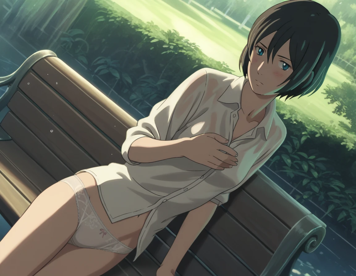 score_9, score_8_up, score_7_up, source_アニメ, ambient light,
Yukari Yukino, Yukari Yukino, short hair, black hair, detailed blue eyes, hair between eyes,
show off breast, ((undress white shirt)), wet body, , white lace panties,
outdoor, Natural Park bench, realistic Shinjuku Gyoen, on side, blush,
cowboy shot, looking at viewer, 独奏, dutch angle,