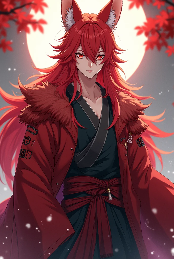 Create a 20-year-old man who is 1,76, who has long red hair and red eyes, who wears normal clothes and a haori, that you are a kitsune, full body, anime, with warrior appearance