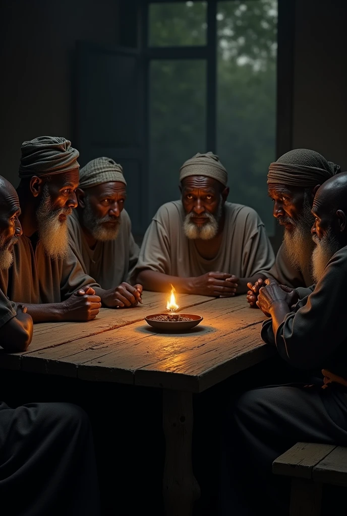 A Group Of Stern faced Village Elders Dressed In Nigerian Traditional a-group-of-stern-faced-village-elders-dressed-in-nigerian-traditional
