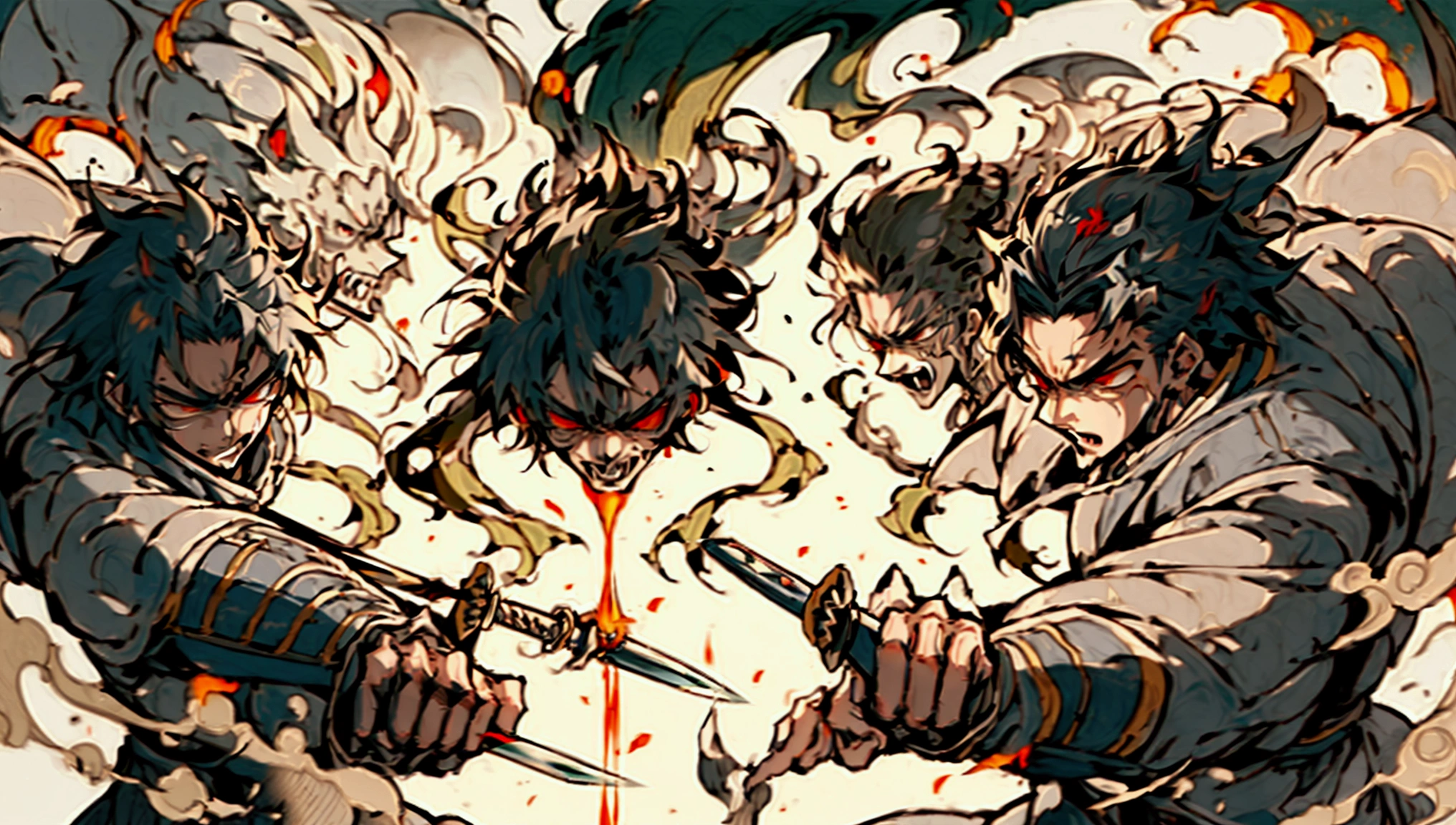 Similar to the style of Demon Slayer，Next Generation，role conception，Medieval Assassins，Boys，Cool，Handsome，Knife，Fighting Stance