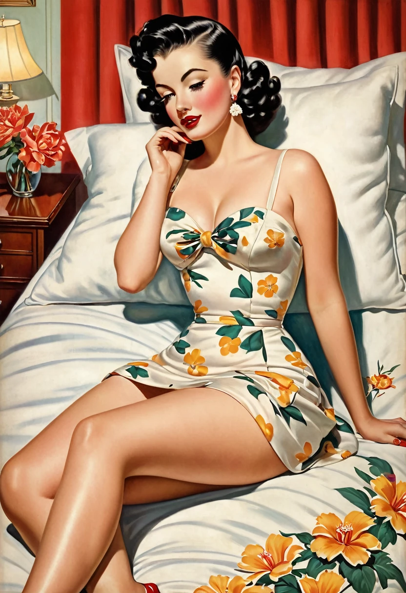 painting of a woman in a dress laying on a bed with a flower, by Alberto Vargas, pinup art, pinup, pinup girl, girl pinup, gill elvgren, pin up girl, vintage pin up, inspired by Alberto Vargas, pin up, pin - up girl, pin - up, pin-up, pinup pose, pin-up poster girl