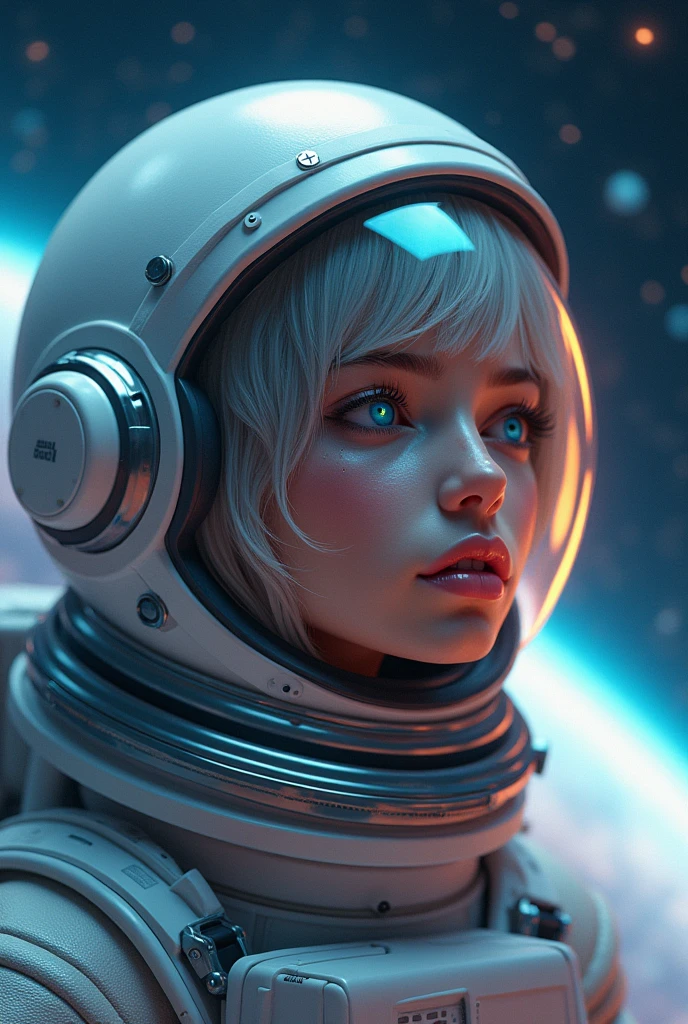 (Admire more masterpieces up close:1.5)0.9], (Space and astronauts:1.2) (Messy silver hair:1.1) (Heterochromia xanthochromia and blue eyes:1.2) (Space Helmet:1.0) (Colored stars in the eyes:1.0) (shining:1.1) (thick lips:0.9)