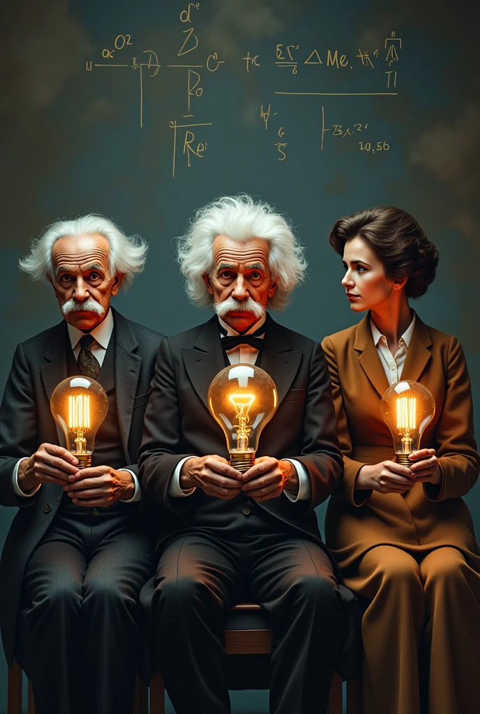 Thomas Alva Edison, Albert Einstein, Marie Curie sit in a row, with their most notable works displayed in front, showing the potential of what they invented.