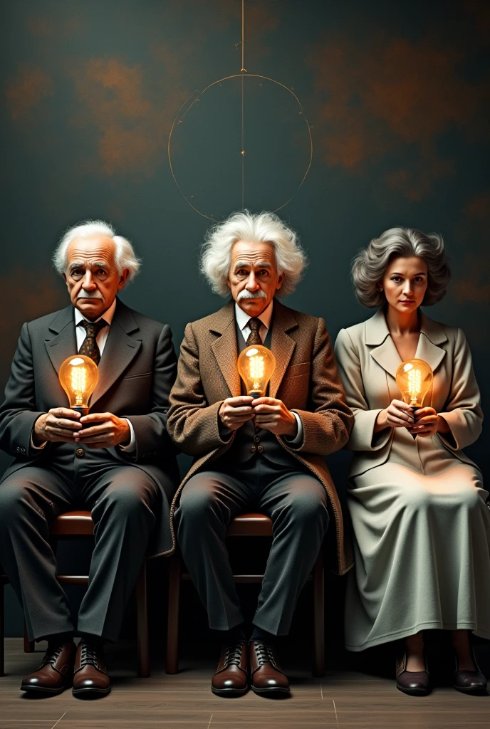 Thomas Alva Edison, Albert Einstein, Marie Curie sit in a row, with their most notable works displayed in front, showing the potential of what they invented.