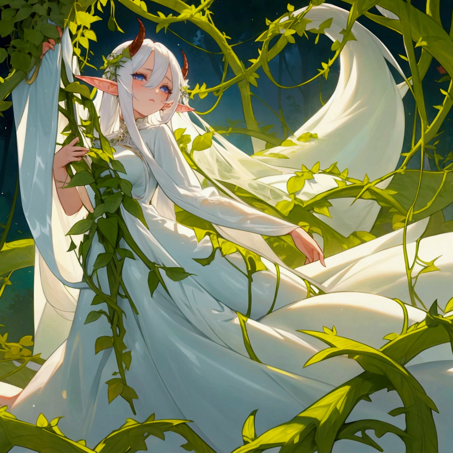 White hair, ฺฺBeautiful Lady, Elf, Have two big horn that covered with vines and flowers, Fantacy Evening dress that looks like a Nymph, face turned sideways
