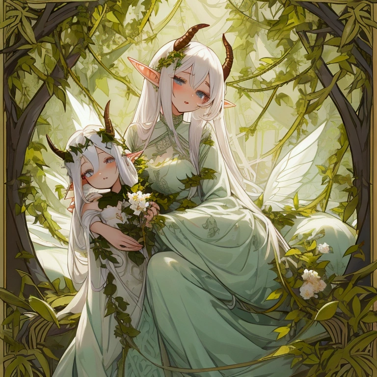 White hair, ฺฺBeautiful Lady, Elf, Have two big horn that covered with vines and flowers, Fantacy Evening dress that looks like a Nymph, face turned sideways