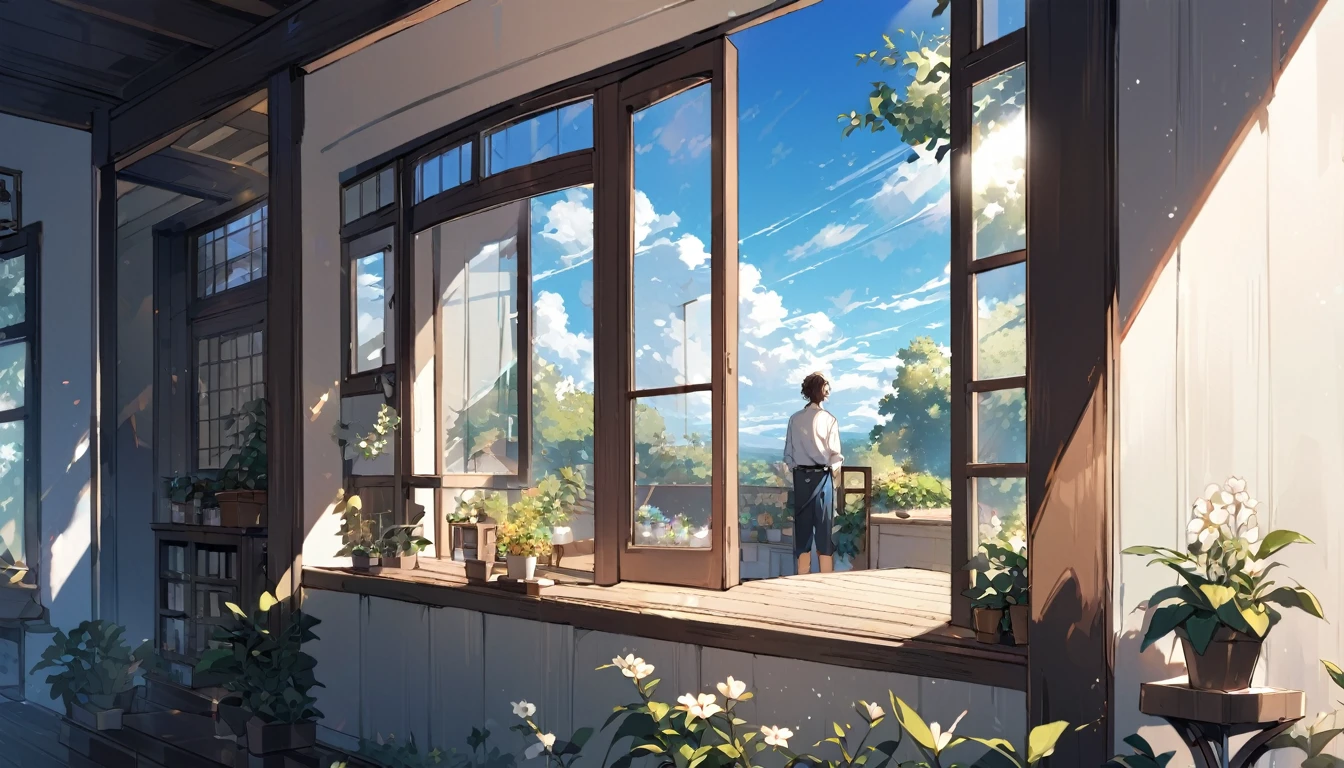 good looking, alone, 1 male, , Dark brown hair,A vast blue sky,The sun shines mercilessly,Looking outside from the window,Blooming in the garden of the house across the street