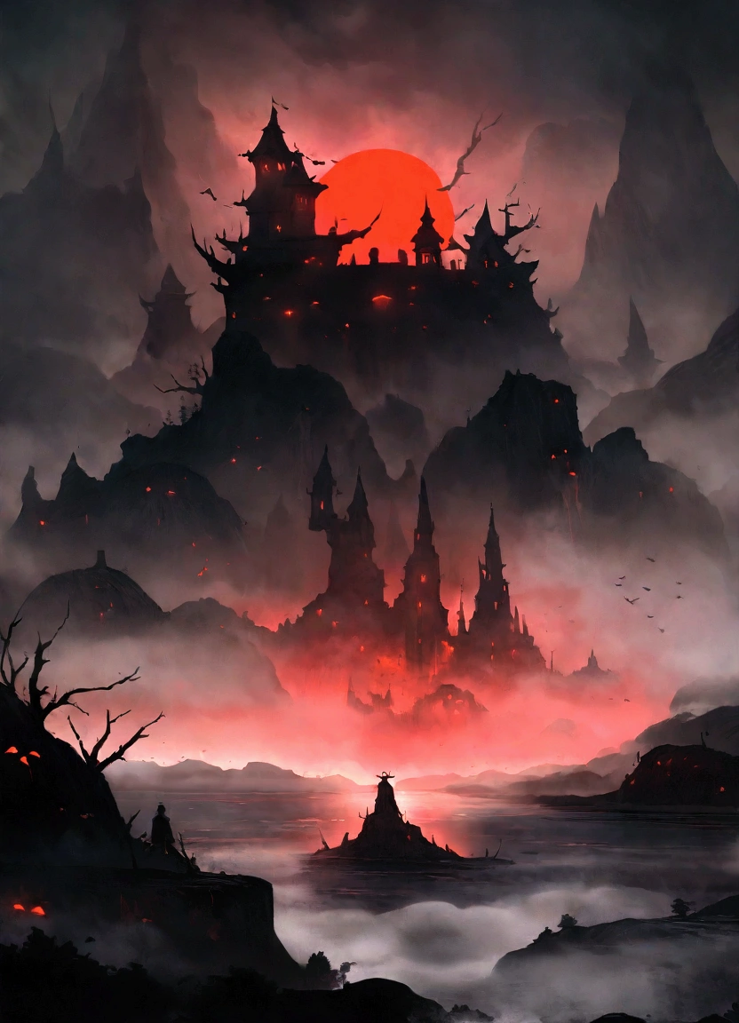((Shrouded in thick fog island)), atmospheric mysterious landscape, fantastic moody weather, dramatic lighting, cinematic composition, ethereal vibe, moon, deep blues and grays, fantasy art, concept art, Black and White, poor visibility, (Inspiration comes from:James Ensor),Red light