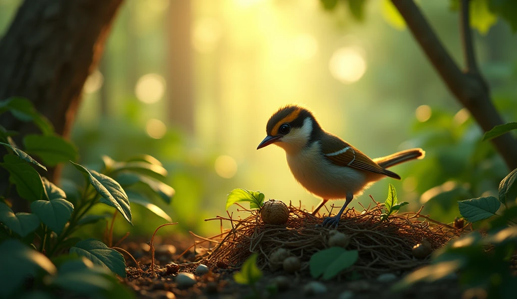 A 4K image of a dense jungle where a small bird is working diligently. The bird is shown gathering twigs, leaves, or insects, perhaps building a nest or foraging for food. The jungle is vibrant with thick foliage, and the bird is actively engaged in its task amidst the rich, green environment. The scene should capture the bird's industrious nature, with details such as the bird's focused expression and the natural materials it’s handling. Sunlight filters through the dense canopy, creating a warm and immersive atmosphere, emphasizing the bird's hard work and the beauty of its jungle habitat.