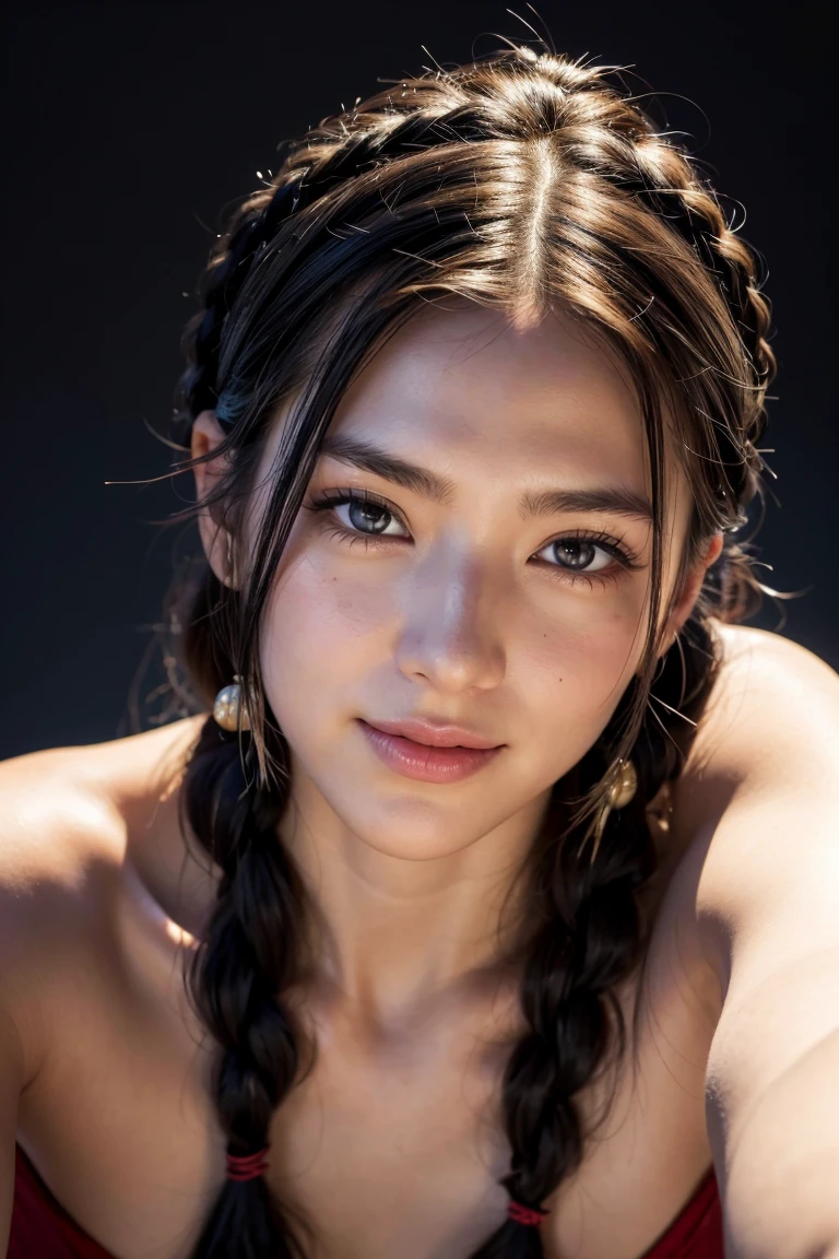 1girl, long hair, black hair, upper body, looking at viewer, smile, grin, teeth, twin braids, braid, black eyes, lips, realistic, (best quality,4k,8k,highres,masterpiece:1.2),ultra-detailed,(realistic,photorealistic,photo-realistic:1.37),HDR,UHD,studio lighting,ultra-fine painting,sharp focus,physically-based rendering,extreme detail description,professional,vivid colors,bokeh,portrait