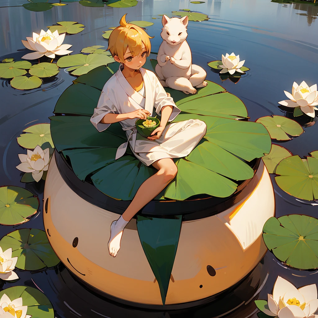 small cute chilly capybara is mediating in the central of lotus lake, above a lotus, it looklike a budha, cross legged, chanting