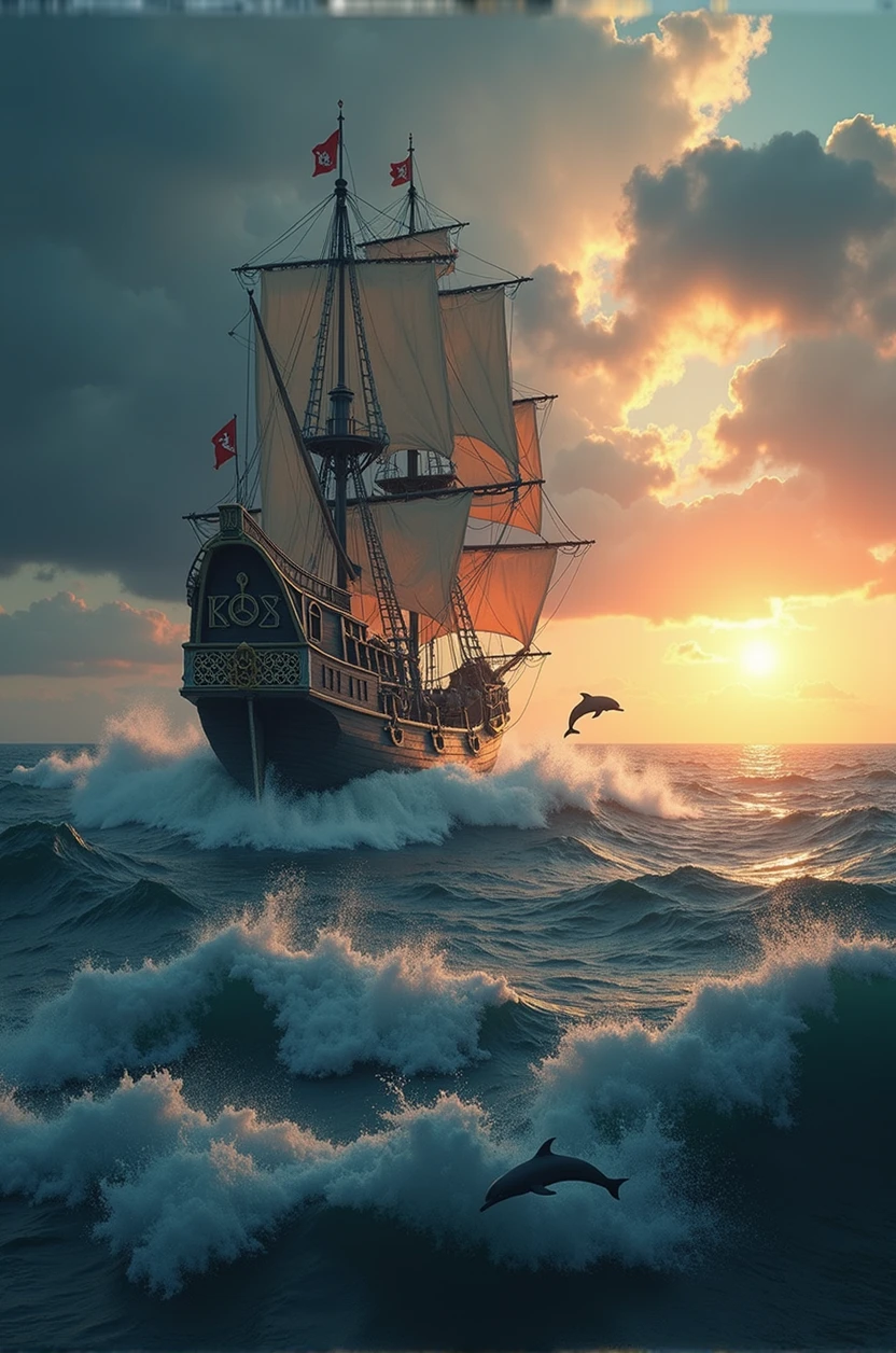 a pirate ship, Sailing through a storm with dolphins by my side. The sun smiles on the horizon, 3D render 32K 300dpi UHD 300dpi hyperrealistic Kodak photo colors abstract graphics