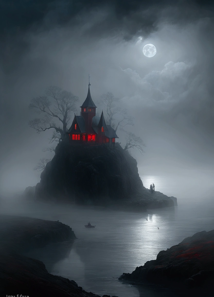 ((Shrouded in thick fog island)), atmospheric mysterious landscape, fantastic moody weather, dramatic lighting, cinematic composition, ethereal vibe, moon, deep blues and grays, fantasy art, concept art, Black and White, poor visibility, (Inspiration comes from:James Ensor),Red light