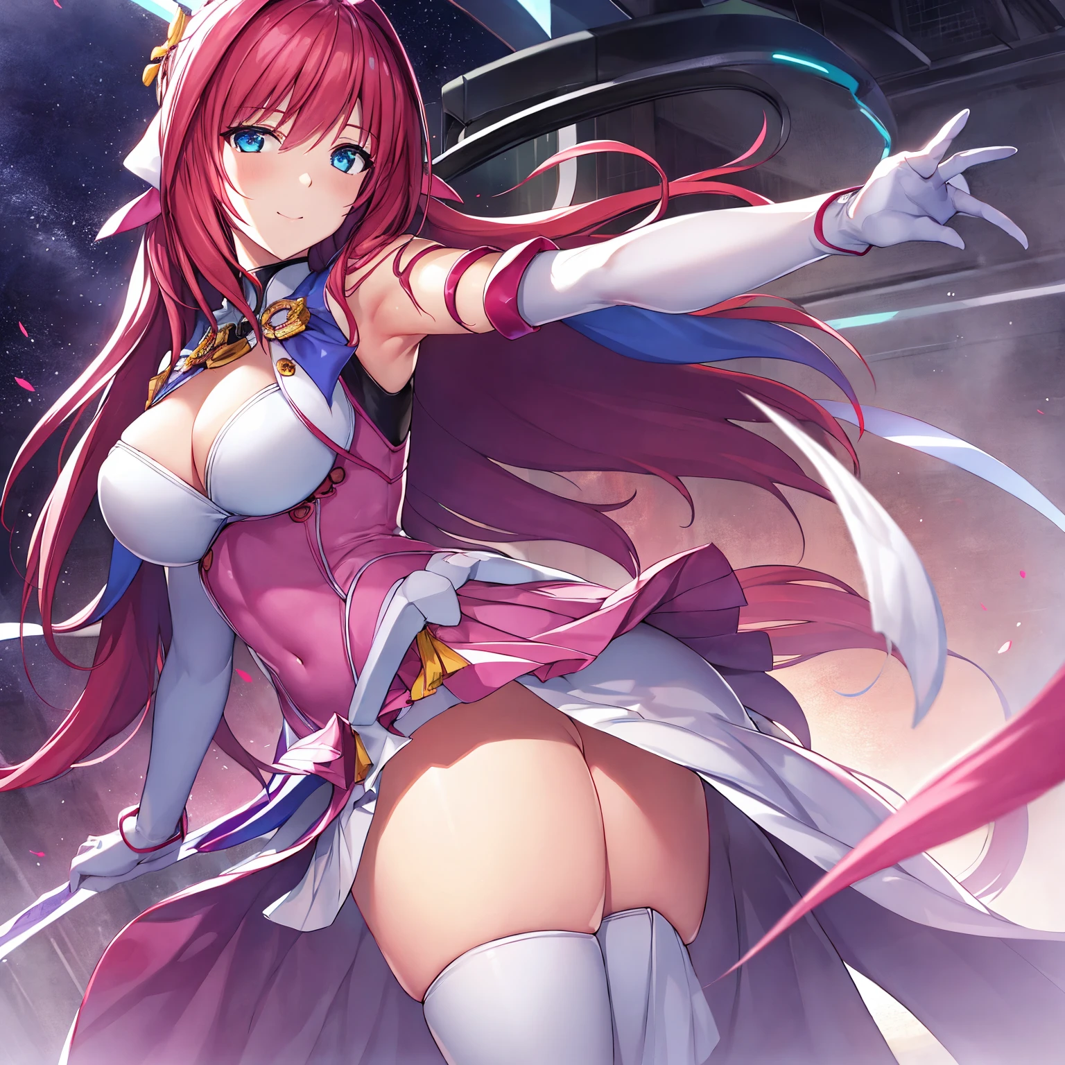 (Ultra extreme detailed),(Masterpiece),(Ultra extreme),(Realistic),CG,(color:1.2), Beautiful lighting,Light from the front, alone,Smiley, Escalayer,pink hair,long hair,hair_ornament,blue eyes,Pink Dress,White long gloves,thigh_boots,