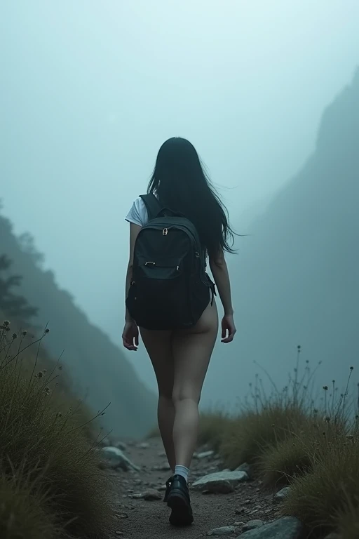 masterpiece,HDR,1 girl,black hair, big breasts,backpack, White thick fog, mountain trail