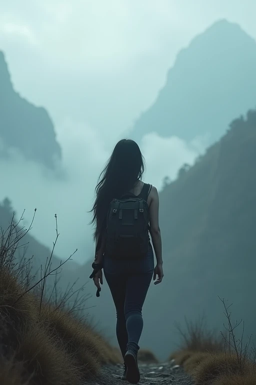 masterpiece,HDR,1 girl,black hair, big breasts,backpack, White thick fog, mountain trail