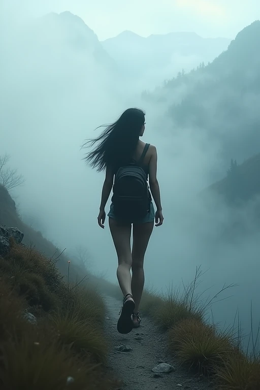 masterpiece,HDR,1 girl,black hair, big breasts,backpack, White thick fog, mountain trail