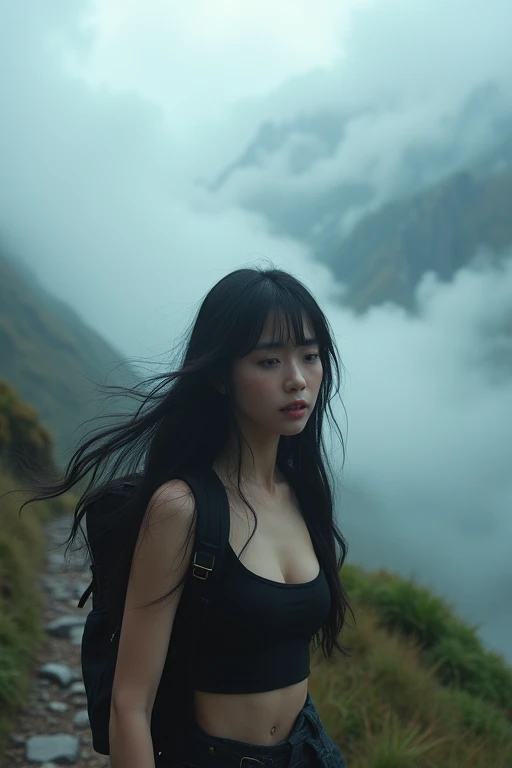 masterpiece,HDR,1 girl,black hair, big breasts,backpack, White thick fog, mountain trail